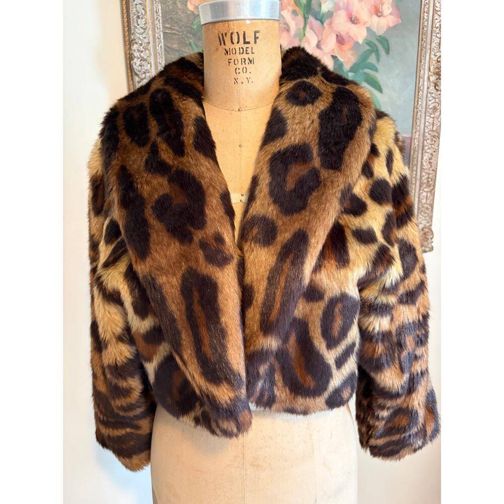 Leopard Print Faux Fur Cropped Jacket Women's Small Mob Wife Glam Lined - Picture 4 of 10